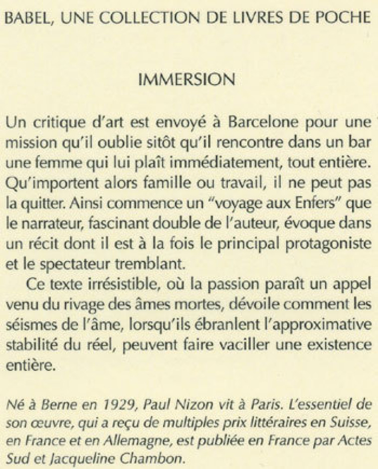 IMMERSION - Paul Nizon - ACTES SUD