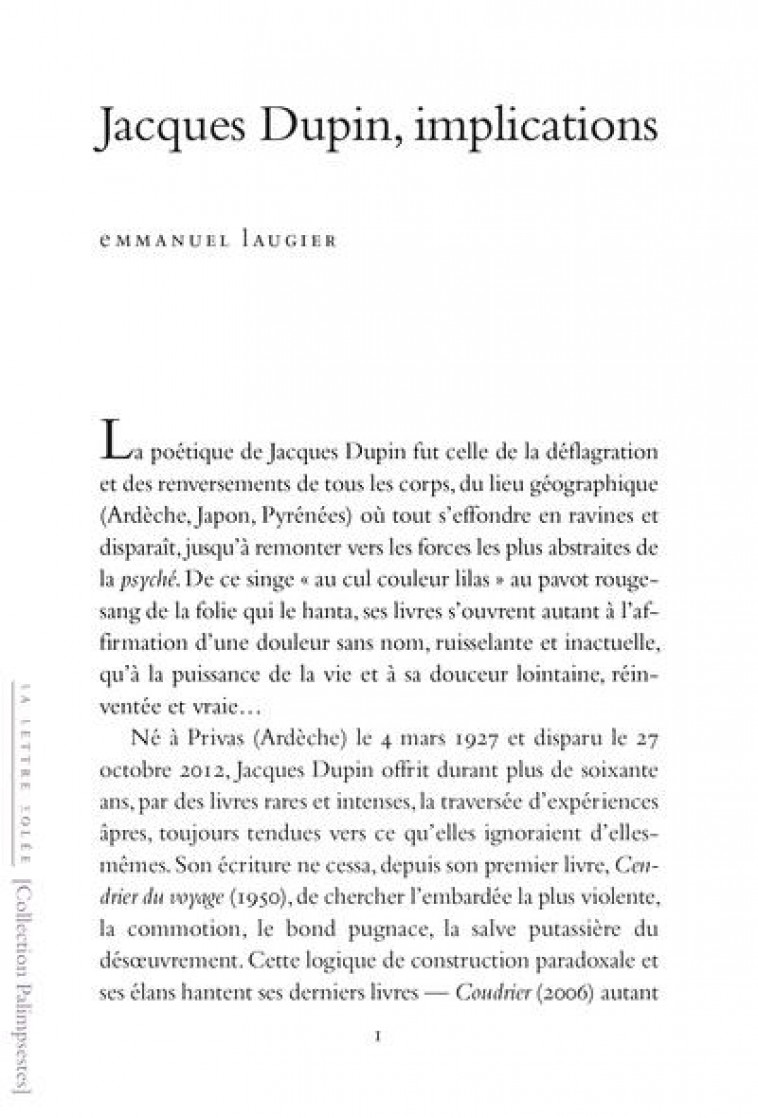 JACQUES DUPIN IMPLICATIONS - LAUGIER EMMANUEL - LETTRE VOLEE