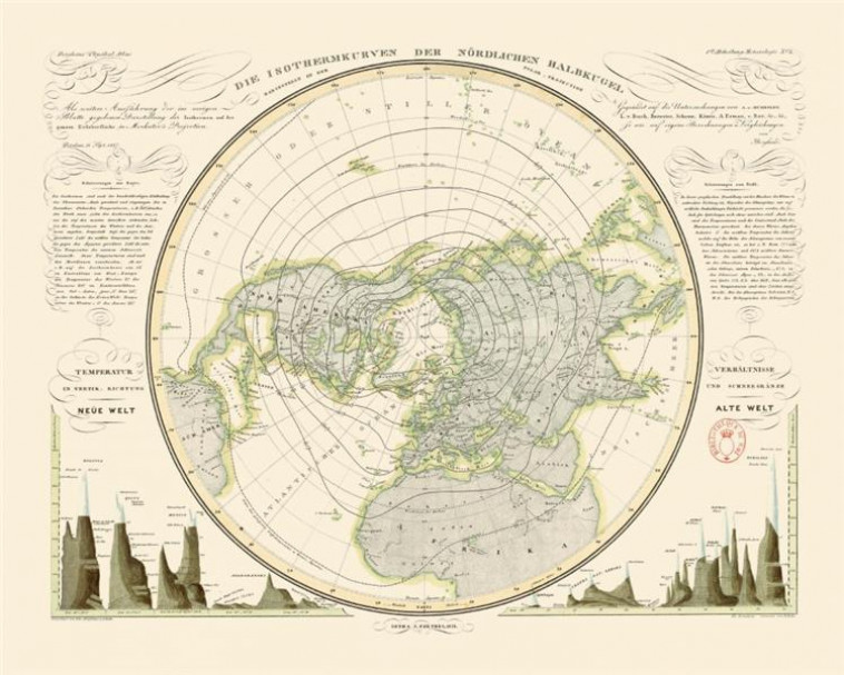 CARTE LIGNES ISOTHERMES DE L HEMISPHERE NORD - BERGHAUS HEINRICH - RELIEFS