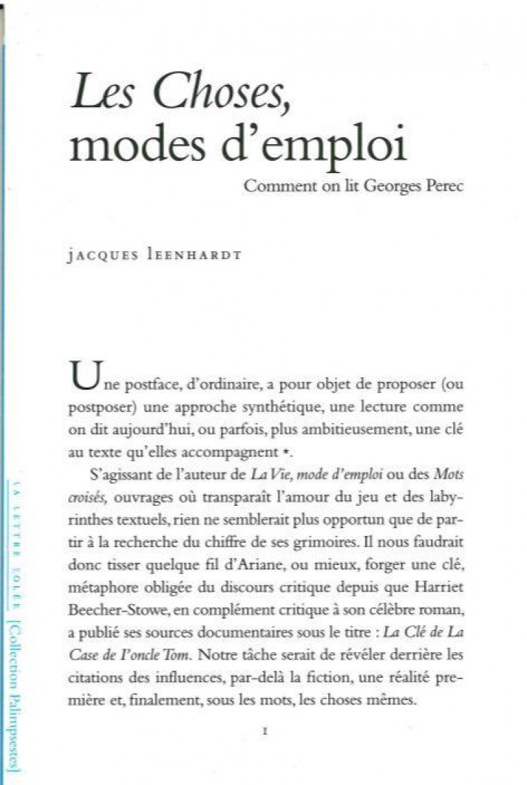 Les Choses,Modes d'Emploi - Jacques Leenhardt - LETTRE VOLEE