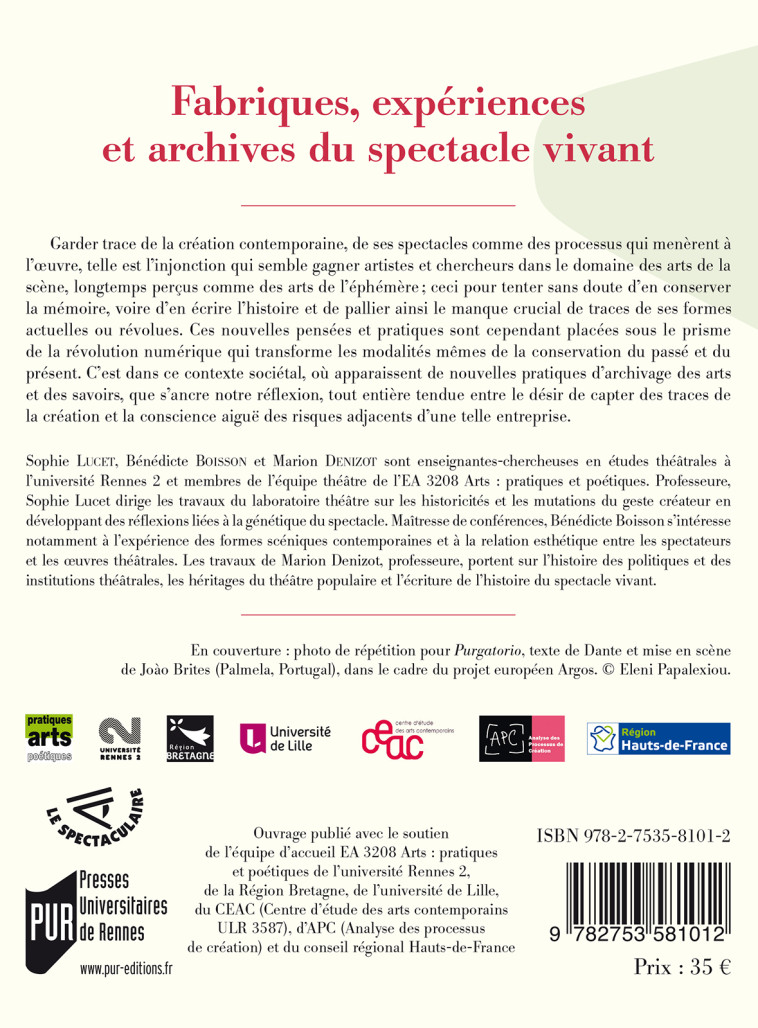 Fabriques, expériences et archives du spectacle vivant - Marion Denizot - PU RENNES